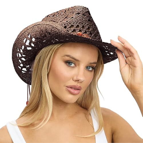 AQOKKA Straw Cowboy Hats for Women Men Western Cowgirl Hats with Shapeable Brim Woven Hollow Out Unisex Beach Roll Up Caps - color: Brown Beads Cowboy Hat : Coffee