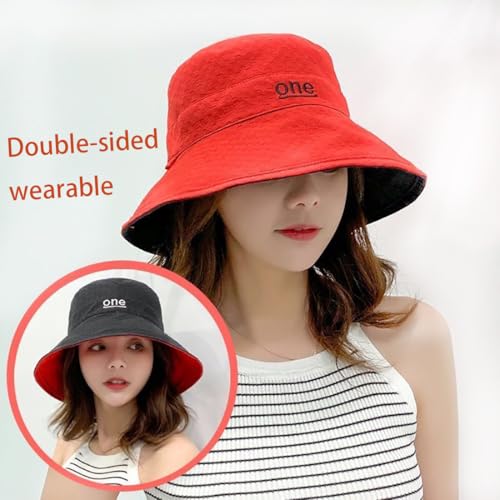 Summer Bucket hat, Double-Side-wear Sun hat, Foldable Beach Fishing Cap, Outdoor Vacation Sun hat, one Size - color: Red