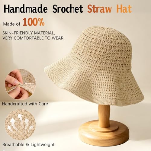 Sun Hats for Women Summer Straw Beach Hat UV Protection Floppy Wide Brim Travel Bucket Hat Foldable Packable - color: Beige