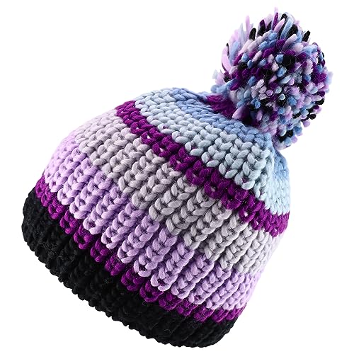 Armycrew Thick Cable Knit Stripe Beanie with Pom Pom - color: Purple Blue Grey