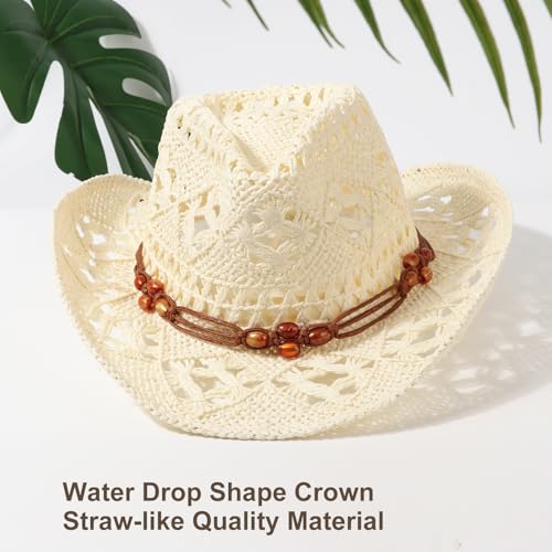 AQOKKA Straw Cowboy Hats for Women Men Western Cowgirl Hats with Shapeable Brim Woven Hollow Out Unisex Beach Roll Up Caps - color: Brown Beads Cowboy Hat : Ivory White