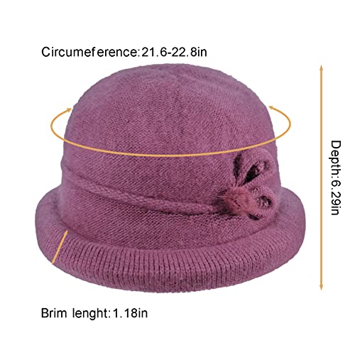 Women Winter Knit 1920s Vintage Bucket Bowler Hat Round Brim Warm Hat - color: 1purple