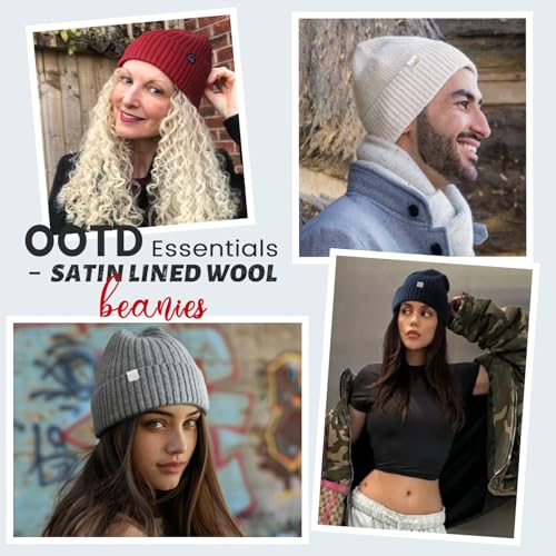 Hat Hut Wool Beanie Satin Lined Winter Hats Slouchy Beanie with Silk Lining Warm Wool Knit Ski Hat Cuffed Cap Women Men - color: Dark Beige