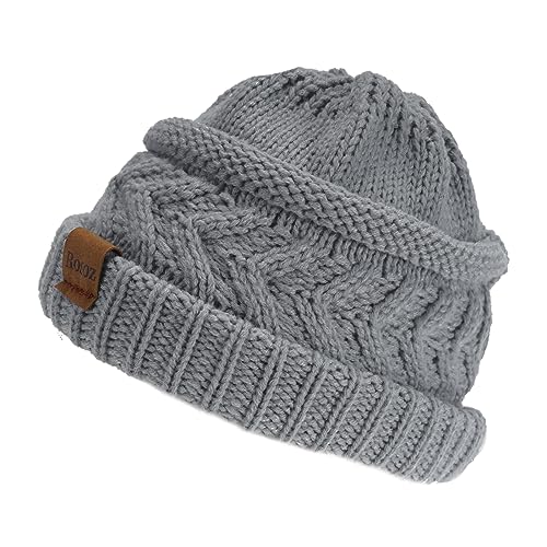 Rosoz 2 Pack Ponytail Beanie for Women,Winter Warm Beanie Tail Soft Stretch Cable Knit Messy High Bun Hat - color: 2pack-khaki/Light Grey