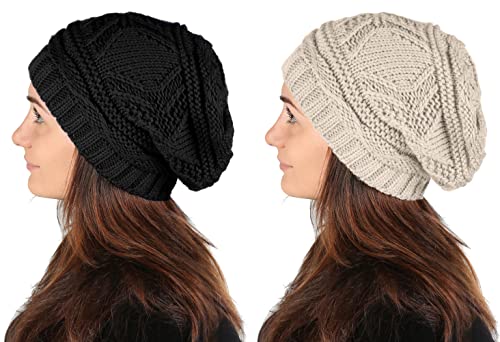 Lilax Knit Slouchy Oversized Soft Warm Winter Beanie Hat - color: Black/Beige - 2 Pack