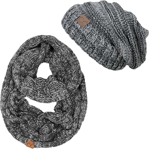 Funky Junque Slouchy Beanie & Infinity Scarf Gift Set – Matching Winter Accessories Sets for Women, Oversized Hat and Scarves - color: 4 Tone Mix - Grey, Black, Beige, Light French Beige
