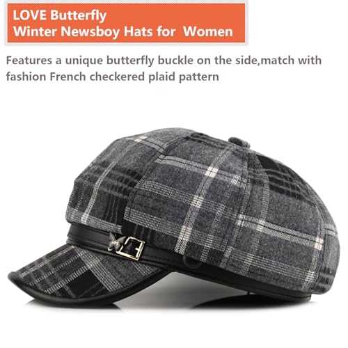 Newsboy Hats for Women - Retro Classic Plaid Hat Fashionable British Irish Beret Cap Girls Vintage Dressy Caps - color: Black Butterfly