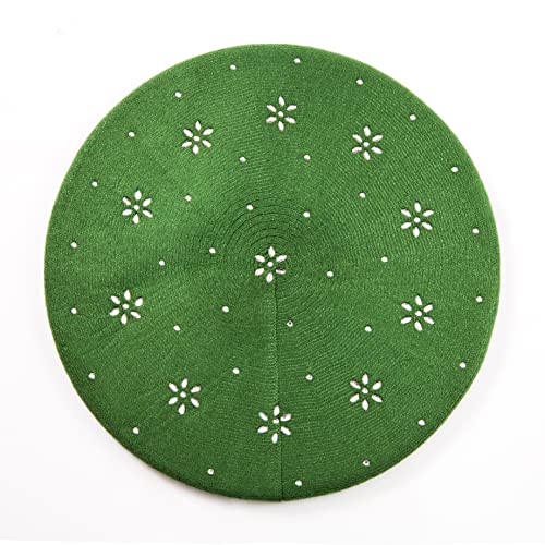 LADYBRO Rhinestone Beret Hats for Women 2 Layers Wool Knit Cap Lady Winter - color: Green (Floral Pattern)
