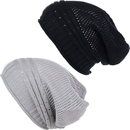 BYOS Women's Airy Cool Lightweight Cutout Long Slouchy Crochet Knit Beanie Hat - color: 2 Pack-net Lt.gray & Bk
