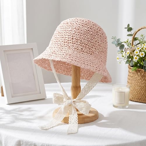 Baby Girl Straw Sun Hat, Toddler Summer Beach Hat, Soft Foldable Infant Sun Hat with Lace Bowknot, Outdoor UV Protection Cap - color: Pink