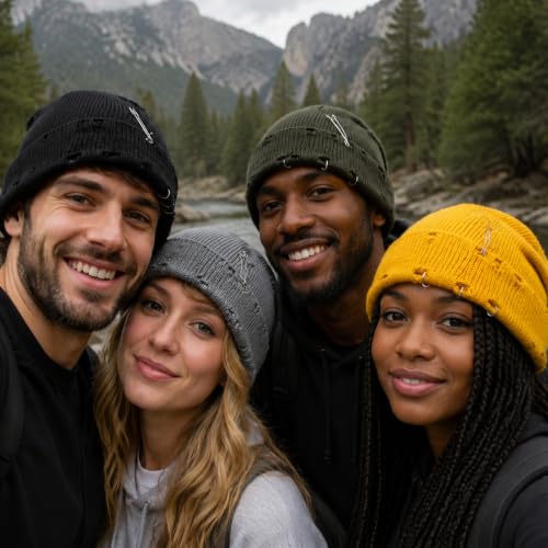 Distressed Ring Beanie Hat for Women Men Slouchy Skull Cap - color: Army Green