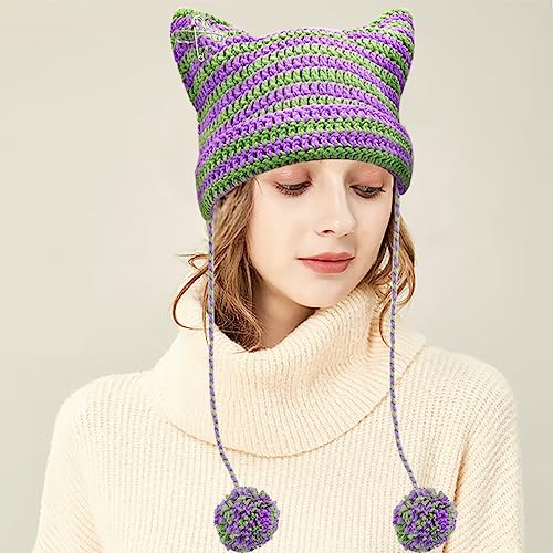 XYIYI Crochet Hats for Women Fox Knit Hat with Pompoms Grunge Goth Accessories Slouchy Beanies for Women Girls - color: Purple Green
