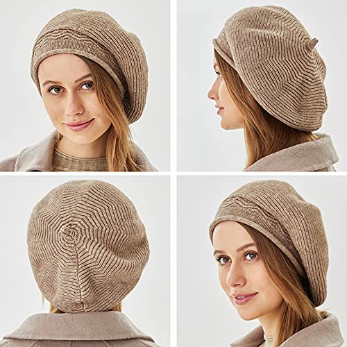 FENELY Beret Hat for Women, French Style Beanie Winter Fashion Warm Thickened Lining Knit Cap - color: Khaki