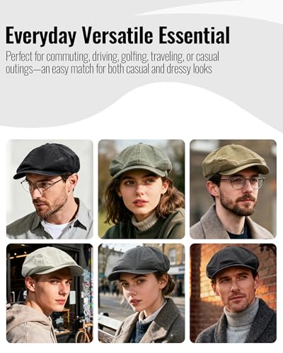 CLAPE Newsboy Caps for Men, Vintage 8 Panel Cotton Flat Cap, Breathable Stretch Fit Men's Newsboy Hat for Driving, Travel
