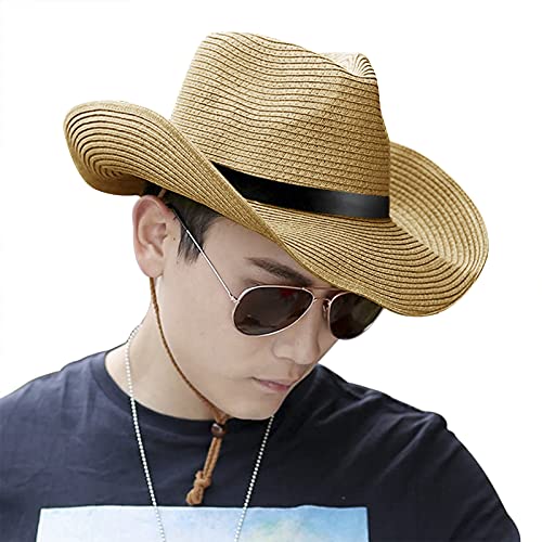 Men Straw Cowboy Hat Women Cowgirl Fedora Wide Brim Beach Sun Hat - color: Khaki With Pu Leather Belt