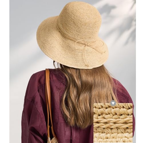 KORADI Women Raffia Beach Hat Natural Raffia Straw Bucket Hat Handwoven Foldable Sun Hats Wide Brim Summer Travel Cap - color: Natural3.1"