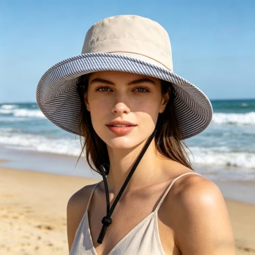 Womens Wide Brim Sun Hat UPF 50+ Foldable Bucket for Beach Travel - color: Khaki