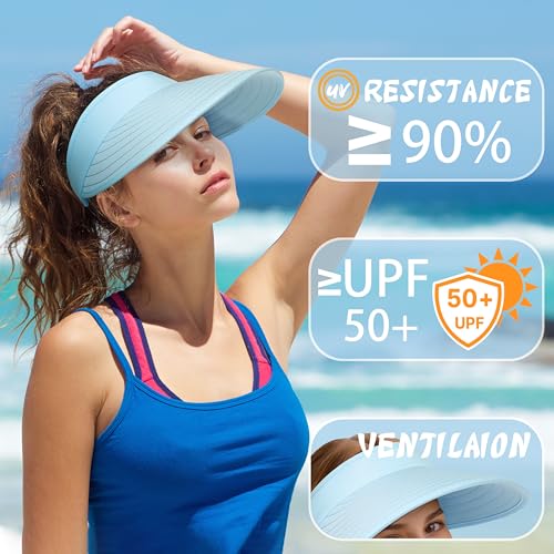 Pleneal Sun Hats for Women Wide Brim Sun Visor Hat Foldable Ponytail Cap - color: Blue