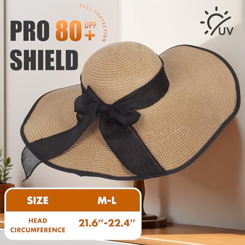 Barelove Sun Straw Hat Wide Brim Shape Hat with UPF 80+, Packable Foldable Floppy Summer Beach Hat for Women Men - color: Khaki - Wide Wrap