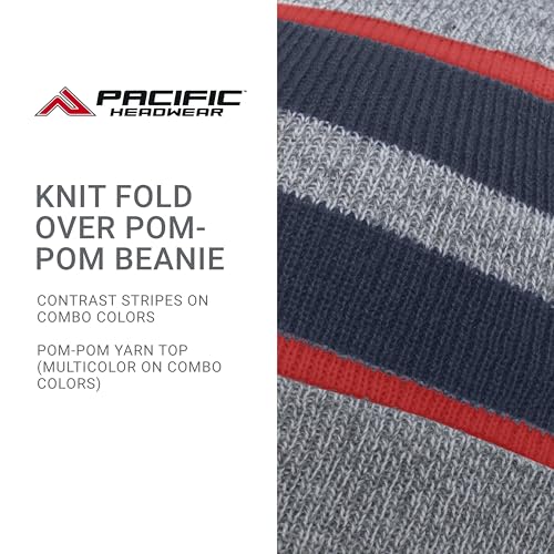 Pacific Headwear Unisex Adult Pacific Headwear Knit Fold Over Pom-pom Beanie - color: Heather/Navy/Red, size: One Size