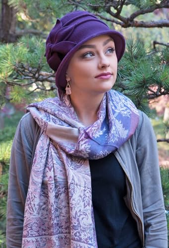 Fleece Flower Cloche Hat for Women Chemo Cancer Ladies Headwear 50+ UPF - color: Plum