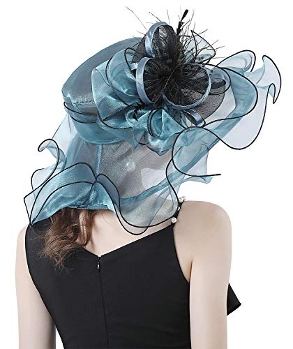 Z&X Women Organza Church Derby Hat Wide Brim Sun Hats for Wedding Tea Party Fascinator Hat, Dual-use - color: 2003- Blue