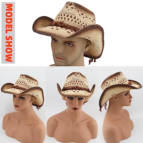 Pro Celia Men Women Cowgirl Straw Western Cowboy Hat - color: Brown Bead-beige