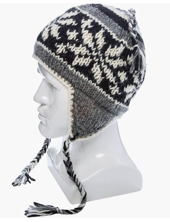 Wool Hand Knit Unisex Fleece Lined Ear Flap Beanie Sherpa Cap Hat Nepal - color: Gray Snowflake