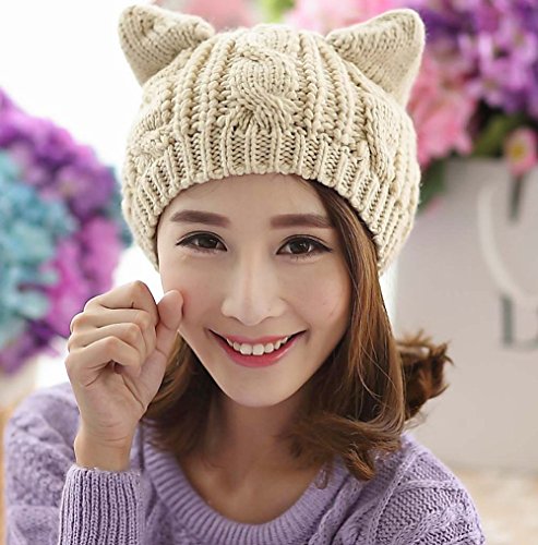 Women Winter Wool Baggy Beret Beanie Cute Devil Cat Ear Crochet Braided Knit Hat Ski Cap - color: Beige