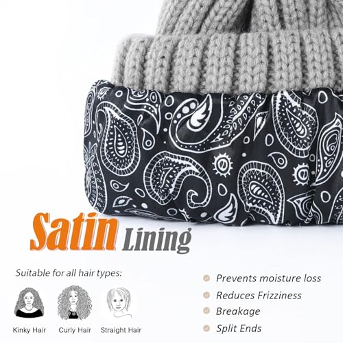 FURTALK Womens Winter Beanie Hat Satin Lined Faux Fur Pom Pom Beanies Hat for Women Winter Warm Knit Hats - color: Grey