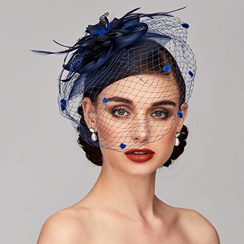 Tea Party Hat Fascinators Hats for Women Vintage Lace Mesh Floral Feather Hair Clip Headband with Veil for Church Wedding - color: Dark Blue