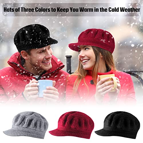 Mepase 3 Pieces Women Warm Hat for Winter Slouchy Beanie Cap with Visor Knitted Newsboy Hats for Women Ski Snow - color: Burgundy, Gray, Black