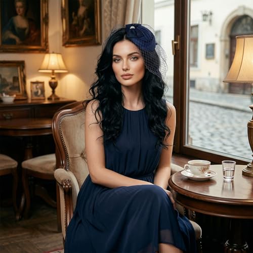 Fascinator Hat for Women Veil Fascinators Tea Party Wedding Retro Pillbox Hats for Cocktail Dresses Accessories - color: Navy Blue