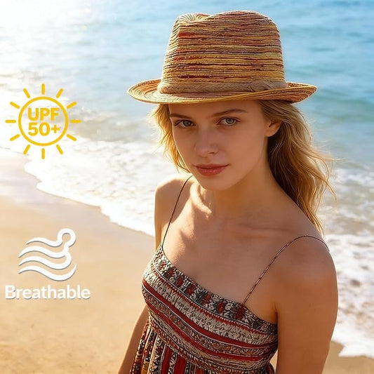 Fedora Straw Beach Hat UPF 50+ Multicolor Short Brim Trilby Sun Hats Summer Breathable Cowgirl Sun Beach Hat for Women