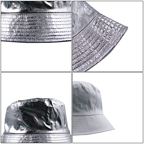 BOLLEY JOSS Unisex Holographic Bucket Hat Reversible Double-Side-Wear Bucket Hat Waterproof Outdoor Travel Sunhat Punk Hats - color: Silver, size: Medium