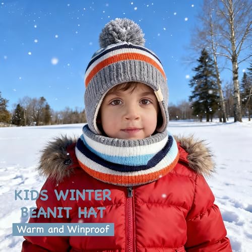 Beanie Knit Hats for Toddlers with Earflap Fleece Lined Hat Kids Warm Winter Hat Scarf Set Children's Thick Ski Cap - color: Rainbows-blue
