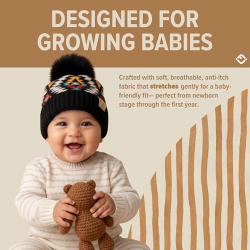 Funky Junque Baby Pom Pom Beanie – Soft Knit Infant Winter Hat for Baby Girls & Boys, Cozy Warm Newborn Beanie 0–12 Months - color: Aztec Pattern - Black