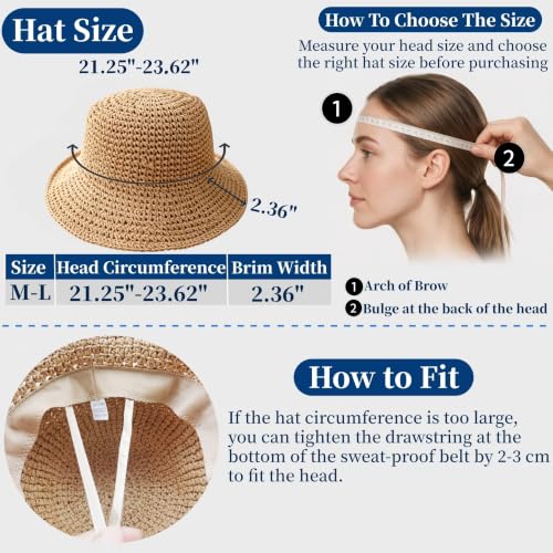 Womens Straw Beach Sun Hats, Foldable Packable Floppy Handmade Crochet Hats - color: Khaki-b