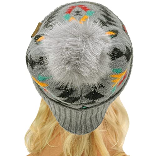 C.C Fur Pom Winter Fall Trendy Chunky Stretchy Cable Knit Beanie Hat - color: Aztec Lt. Gray