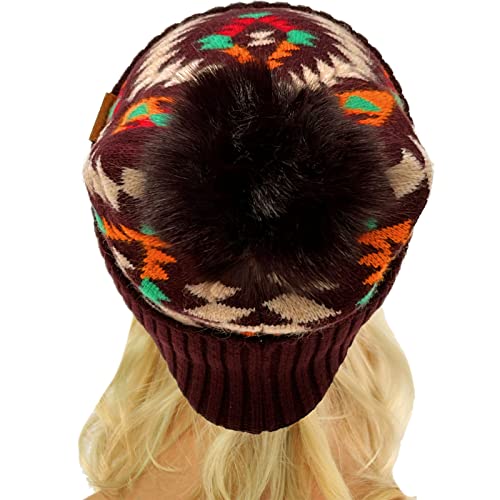 C.C Fur Pom Winter Fall Trendy Chunky Stretchy Cable Knit Beanie Hat - color: Aztec Dk. Berry