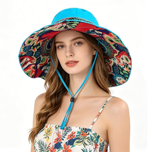 Women's Foldable Floppy Sun Hats Reversible Vacation Beach Cap Summer Wide Brim UPF 50+ Travel Fishing Bucket Hat - color: Blue
