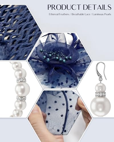 Fascinators Hat for Women Tea Party Fascinator Headband with Gloves Tea Party Accessories for Ladies - color: Navy