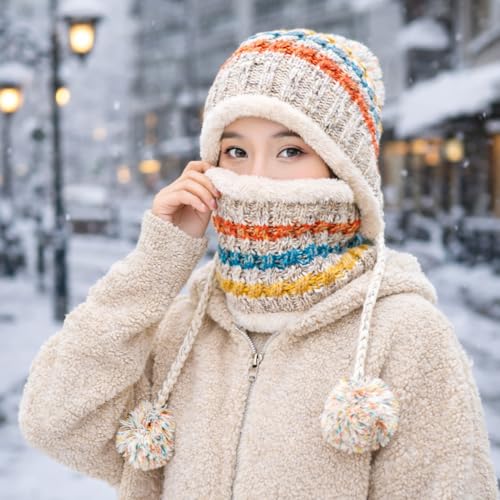 HUAMULAN Women Winter Knit Beanie Hat Circle Scarf Set Pompoms Ear Flaps - color: Beige
