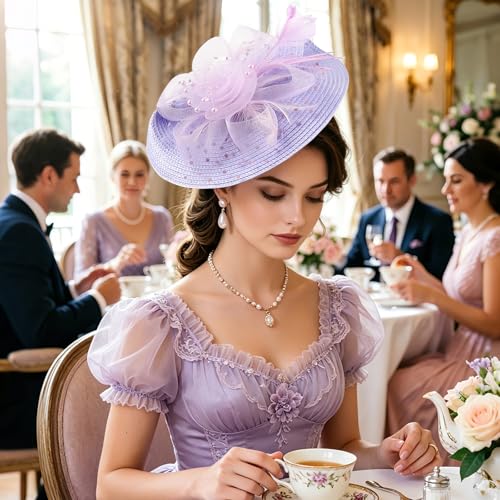 DRESHOW Fascinators Hat Flower Mesh Feathers Hat with a Headband and a Clip 7.9" Tea Party Headwear for Women - color: Folded Style 2: Light Purple / 7.9"
