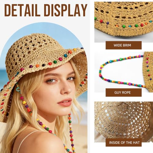 Straw Sun Hat for Women Wide Brim Beach Travel Bucket Hat Packable - color: Khaki 01