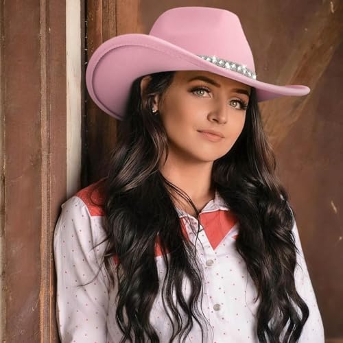 DRESHOW Western Cowboy Hat for Women and Men Wide Brim Glitter Cowboy Cowgirl Hat with Rhinestone Felt Fedora Hats - color: 1 Pack Style 10: Light Pink