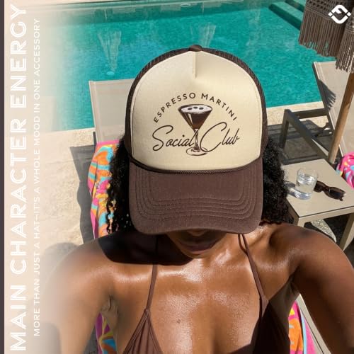 Funky Junque Premium Mesh Snapback Trucker Hat - Stylish Comfort for All - Patriotic, Humor & More - color: Espresso Martini Social Club - Brown/Beige