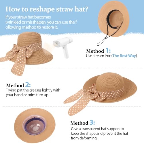 DRESHOW Sun Hats for Women Summer Wide Brim Beach Straw Hat Bowknot Bucket Hats Foldable Floppy Beach Sun Hat UPF 50+ - color: 1 Pack Polka Dot Bowknot Ribbon Hat: Khaki