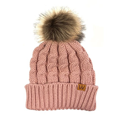 allydrew Winter Warm Soft Knit Beanie with Pom Pom - color: Mommy & Me Pink Beanie