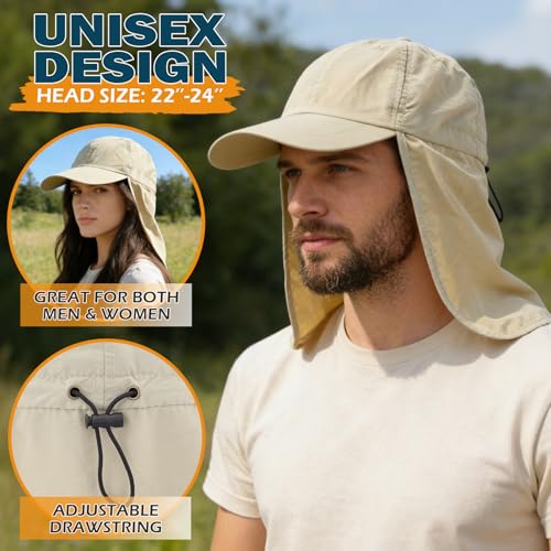 Baseball Sun Cap with Neck Flap, UPF 50+ Waterproof Sun Hat for Men Women - color: Beige